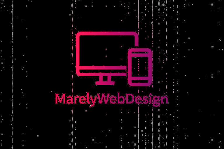 MarelyWebDesign logo with neon pink icons of a desktop monitor and mobile phone on black digital background